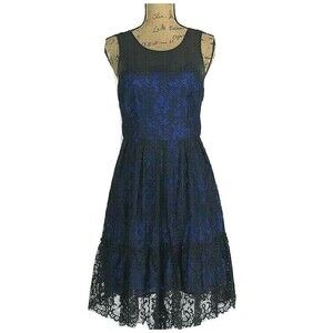 MOULINETTE SOEURS Dress 4 Black Lace‎ Scallop Silk Trim Royal Blue Midi